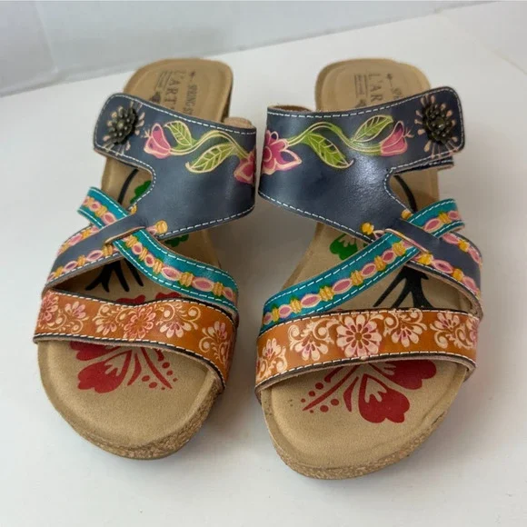 Spring Step L'Artiste Swan Sandals Handpainted Leather Wedge Heel Boho 36 5.5/6 - Picture 2 of 12